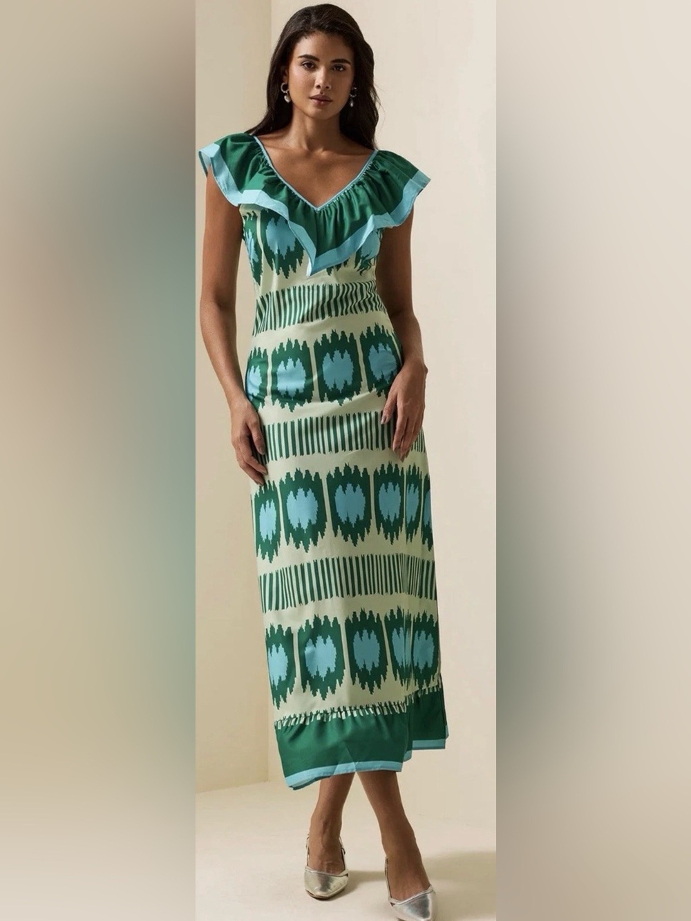 JardinVue Green Ikat Print Ruffle V Neck Maxi Dress Boho Resort Vacation Small